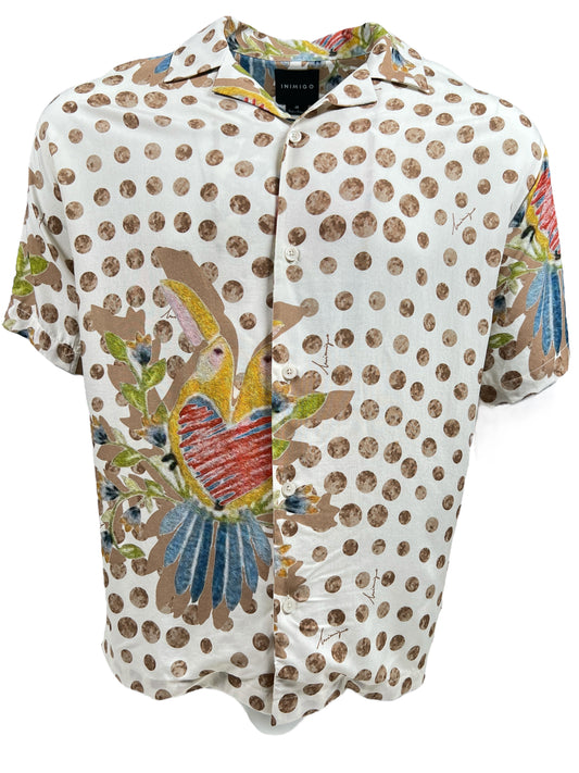 The INIMIGO ISH3528 HEART BIRDS SHIRT RAW is a short-sleeved, button-up shirt with a white background, showcasing a unique all-over print of polka dots, colorful tropical birds, and vibrant floral designs.