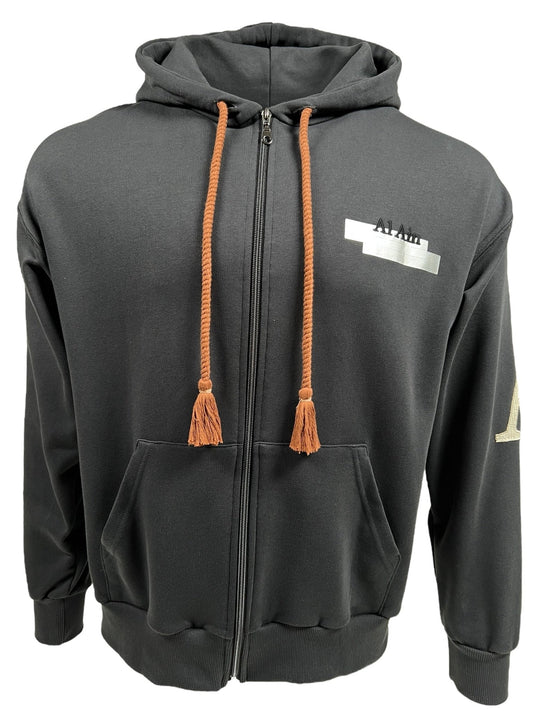Introducing the AL AIN AHZX S103 SECRET NOIR hoodie: a black zip-up streetwear essential with orange drawstrings and a small white rectangular design on the upper left chest. Made from 100% cotton for ultimate comfort.