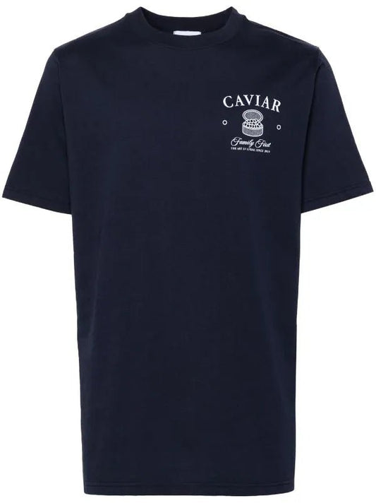 Navy blue FAMILY FIRST TS2404 T-shirt with the word "caviar" and small circular logos printed in white on the front.