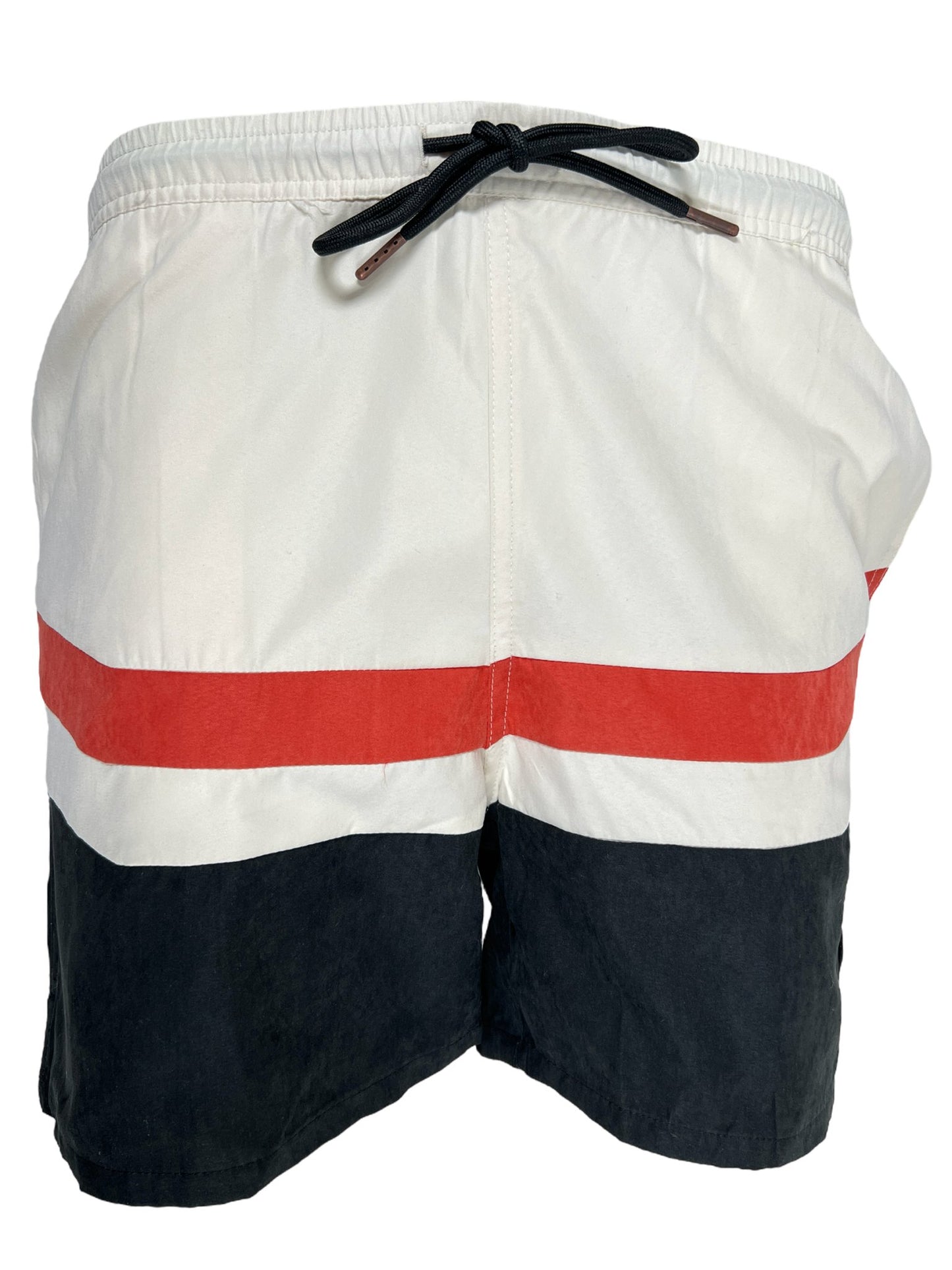 Swim trunks with a white upper, red horizontal stripe, and navy lower half, featuring a black drawstring and an HONOR THE GIFT ORIGINAL ART CHENILLE PATCH.