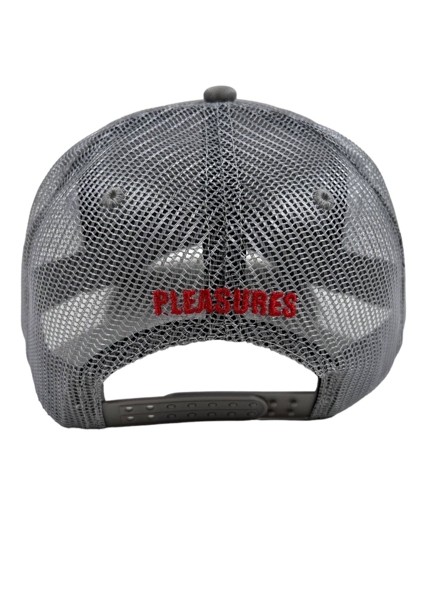 Back view of the PLEASURES TOXIC TRUCKER CAP GREY in grey mesh with "PLEASURES" embroidered in red on the back panel—a stylish accessory perfect for casual outings.