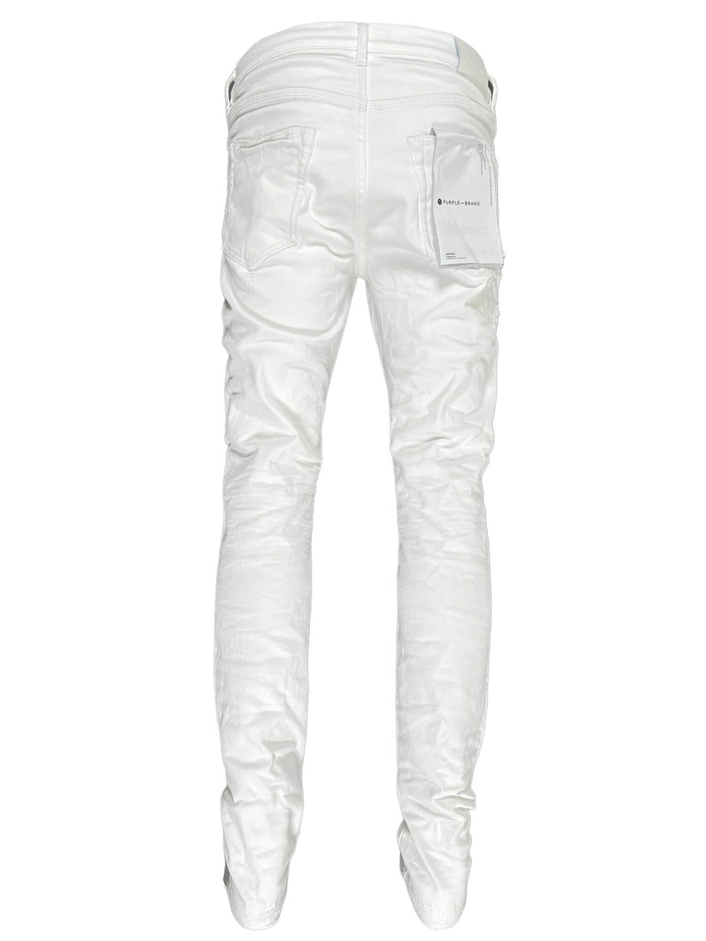 Purple Brand's P001-LDWH Light Destroy White shredded jeans isolated on a black background, featuring rear view with visible pockets and a label on the right pocket.