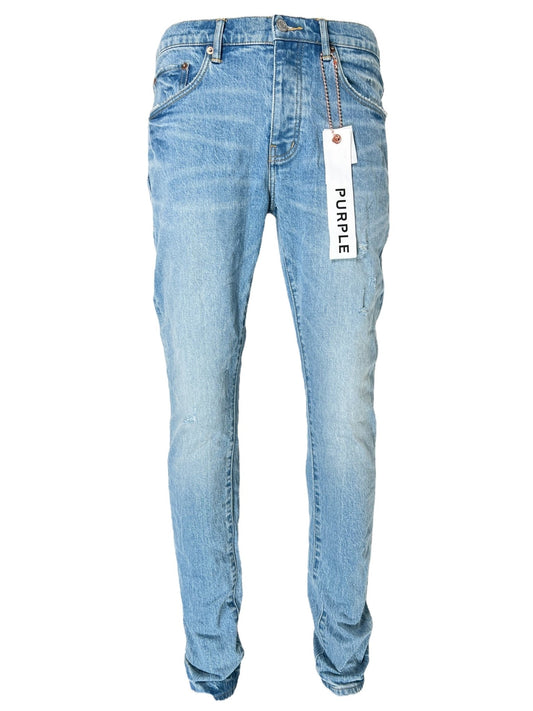 Light blue denim low rise skinny jeans with a slight fade and a tag attached reading "PURPLE BRAND P001-VACI VINTAGE ABRASIONS LT INDIGO," offering a vintage look and crafted from premium stretch denim by PURPLE BRAND.