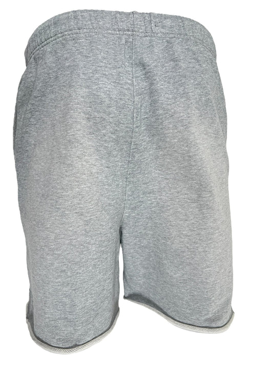 Gray athletic sweat shorts with an elastic waistband and white trim, displayed on a plain background. Replace with: PURPLE BRAND P446-FWHG FRENCH TERRY SWEATSHORTS HEATHER by PURPLE BRAND.