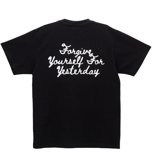 YESTERDAY IS DEAD Black 100% Cotton graphic t-shirt with white cursive text "forgiving yourself for yesterday" on the front.