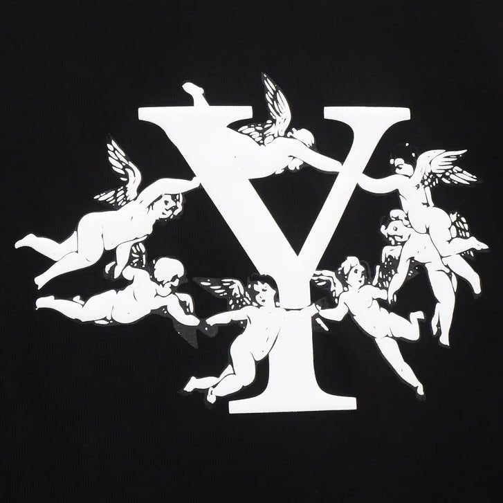 Graphic print YESTERDAY IS DEAD ANGELS TEE BLACK t-shirt of cherubs surrounding a stylized letter 'v' on a black background, made from 100% Cotton.