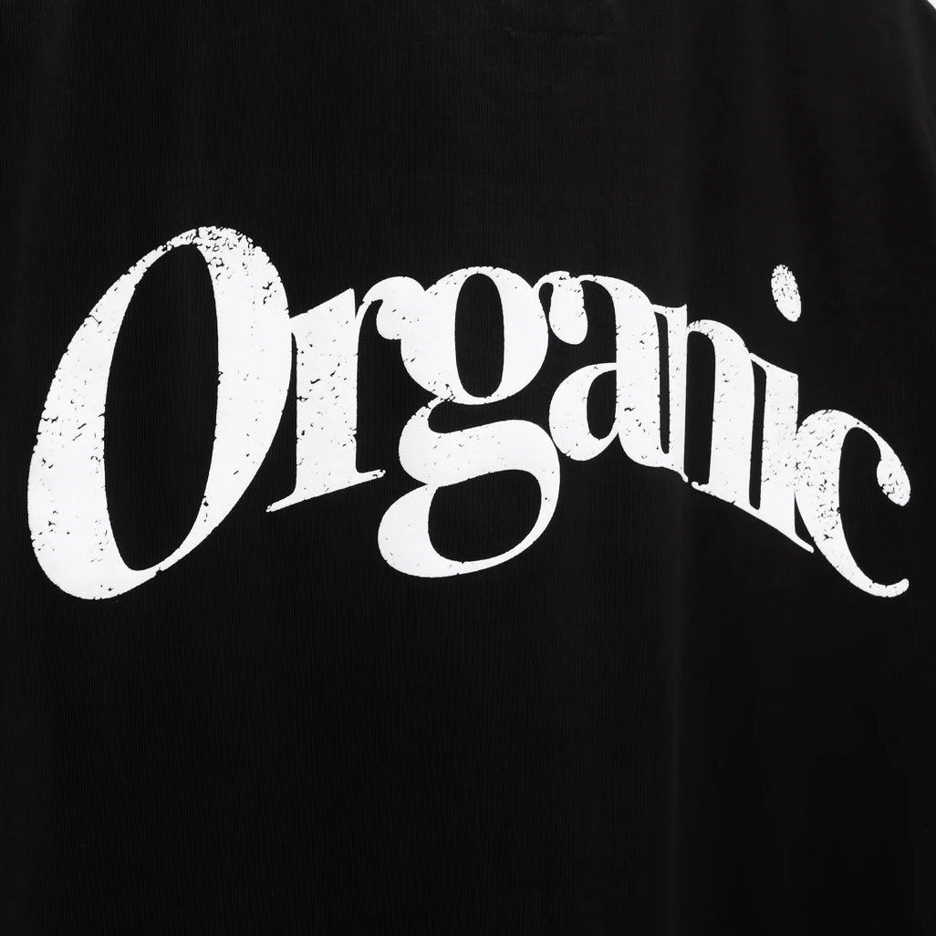 White "organic" text on a black 100% cotton YESTERDAY IS DEAD NATURES CHILD T-SHIRT BLACK background.