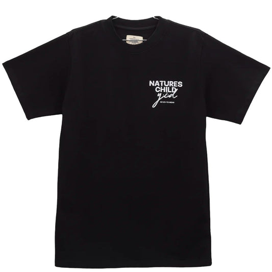 100% Cotton YESTERDAY IS DEAD NATURES CHILD T-SHIRT BLACK with "nature's child" graphic print on the front.