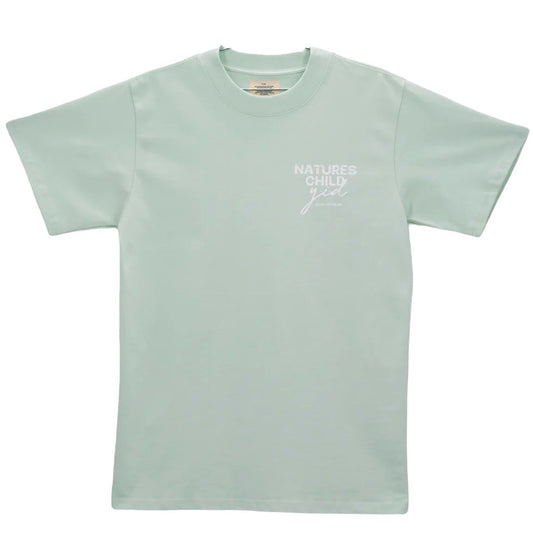 Plain light green 100% Cotton graphic t-shirt with "YESTERDAY IS DEAD" NATURES CHILD TEE SAGE text on the chest.