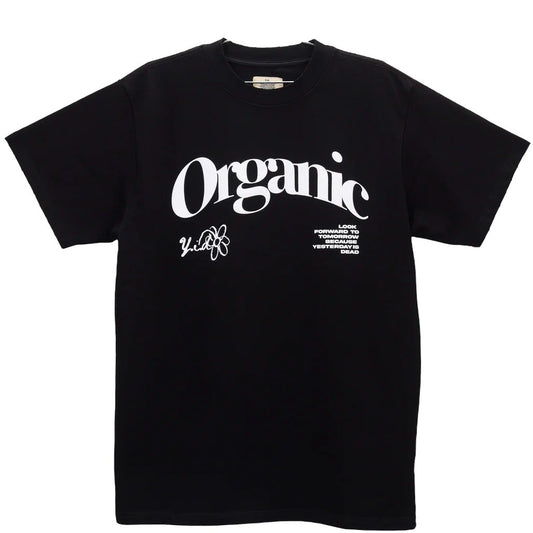 Plain black YESTERDAY IS DEAD PETALS TEE BLACK graphic t-shirt with the word "organic" printed in white cursive font on the front, made of 100% Cotton.