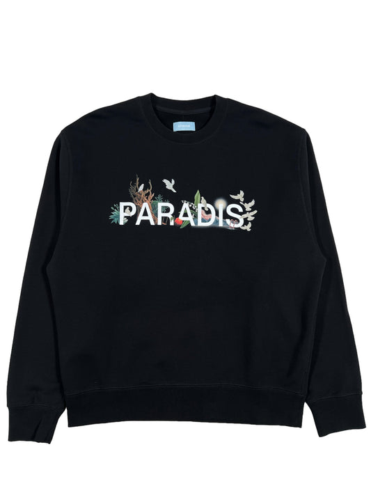 A black cotton 3.PARADIS CREWNECK SWEATER with the word "3.PARADIS" on it.