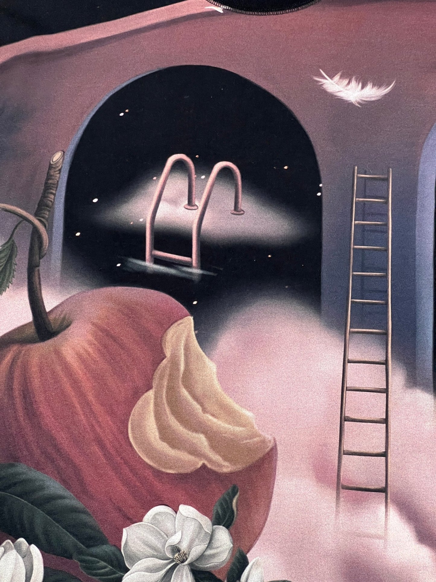A painting of an apple and a ladder in the sky, inspired by the 3.PARADIS LS T-SHIRT APPLE BLK.