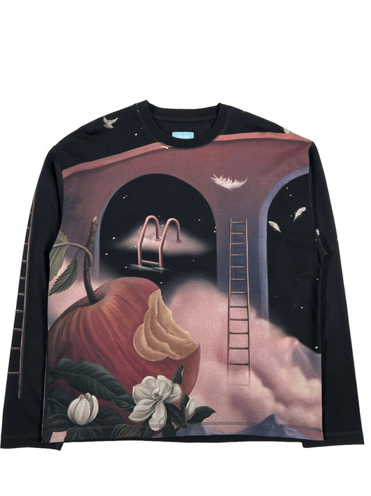 A black long-sleeved 3.PARADIS LS T-SHIRT APPLE BLK with an oversized print on it.