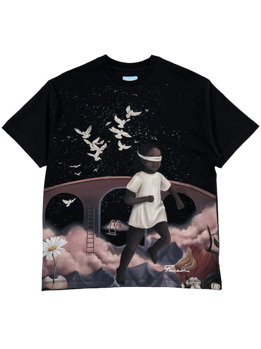 A black 3.PARADIS SS T-SHIRT RUNNING GIRL BLK made from premium quality cotton, featuring an image of a man running in the sky.