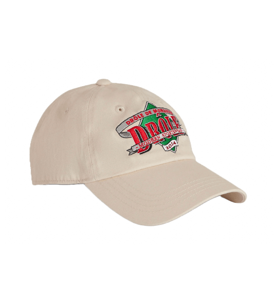 A DROLE DE MONSIEUR hat with a red and green embroidered logo on it.