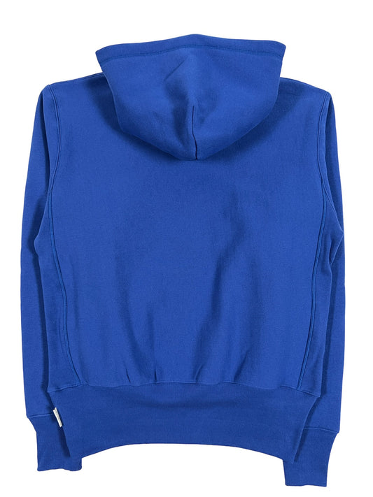 The back of an ADVISORY BOARD CRYSTALS blue, cotton hoodie.