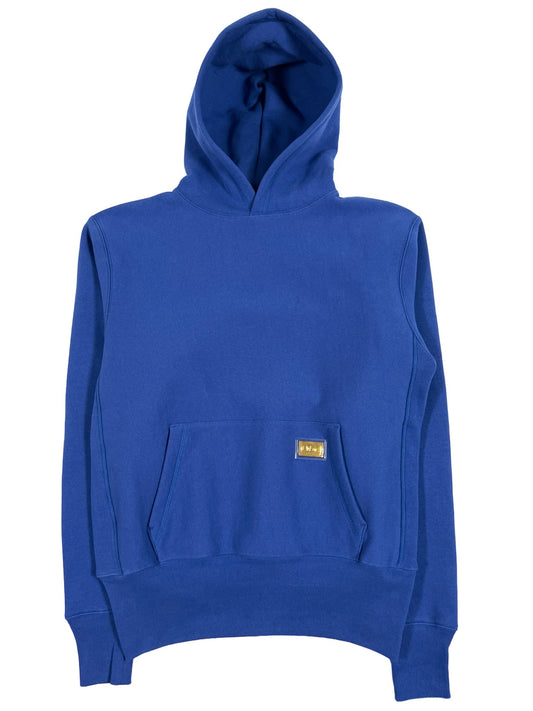 A cotton ADVISORY BOARD CRYSTALS pullover hoodie in blue with a yellow logo on it.