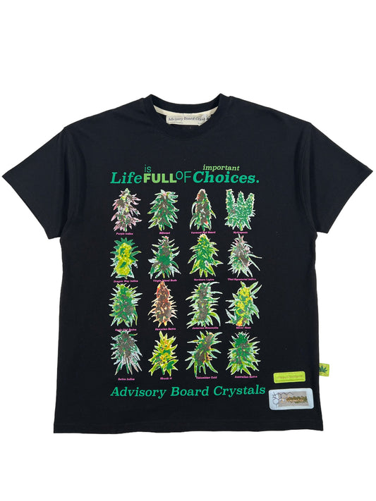 A black ADVISORY BOARD CRYSTALS CHOICES t-shirt that says life's choices.