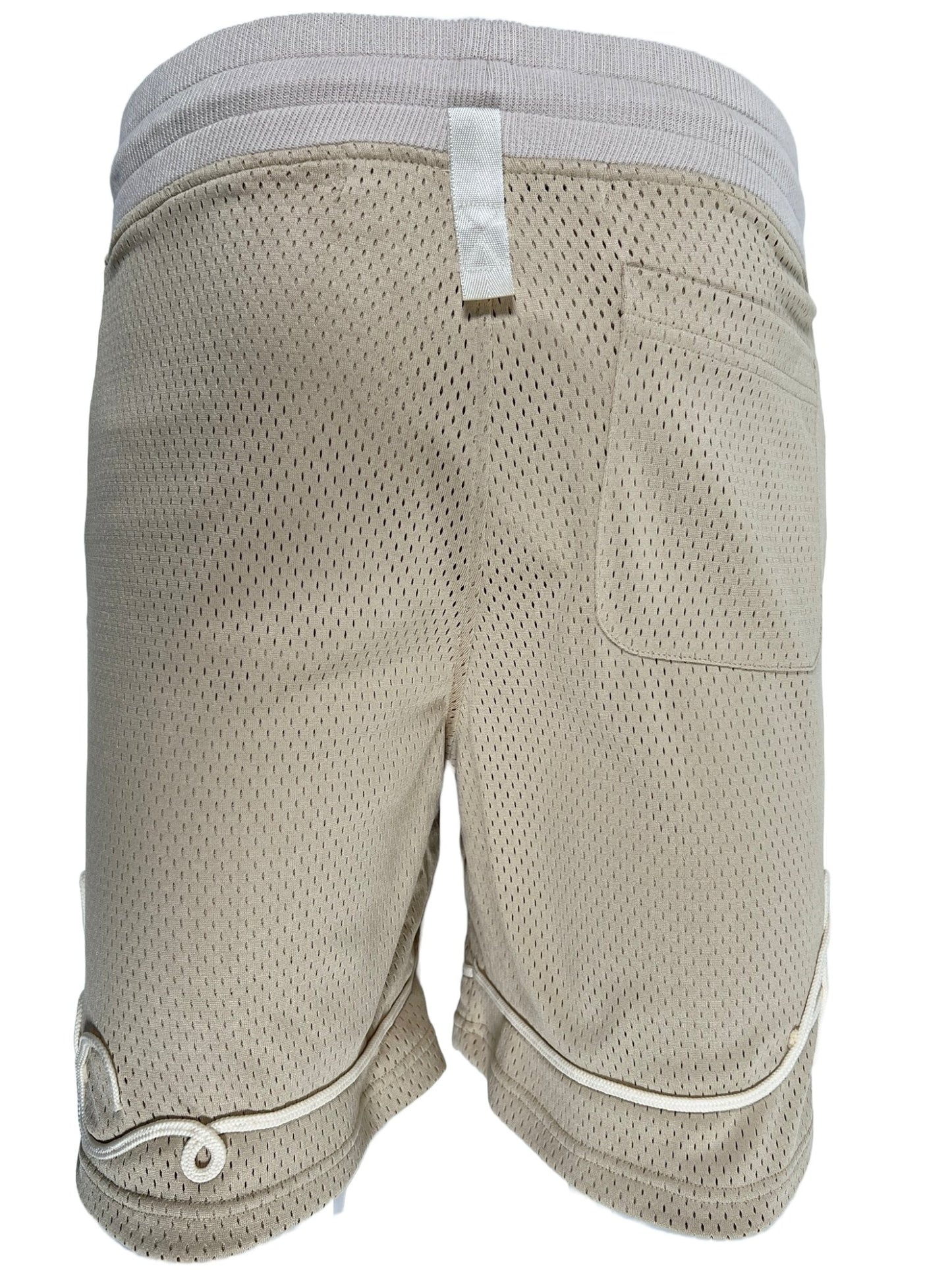 A pair of ADVISORY BOARD CRYSTALS Feldspar Ecru cotton basketball shorts with white zippers.