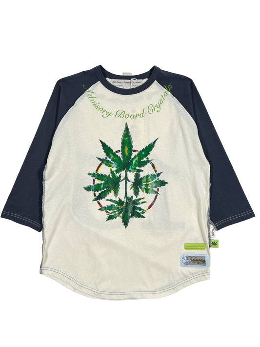 A white 100% cotton t-shirt with a ADVISORY BOARD CRYSTALS marijuana leaf on it.