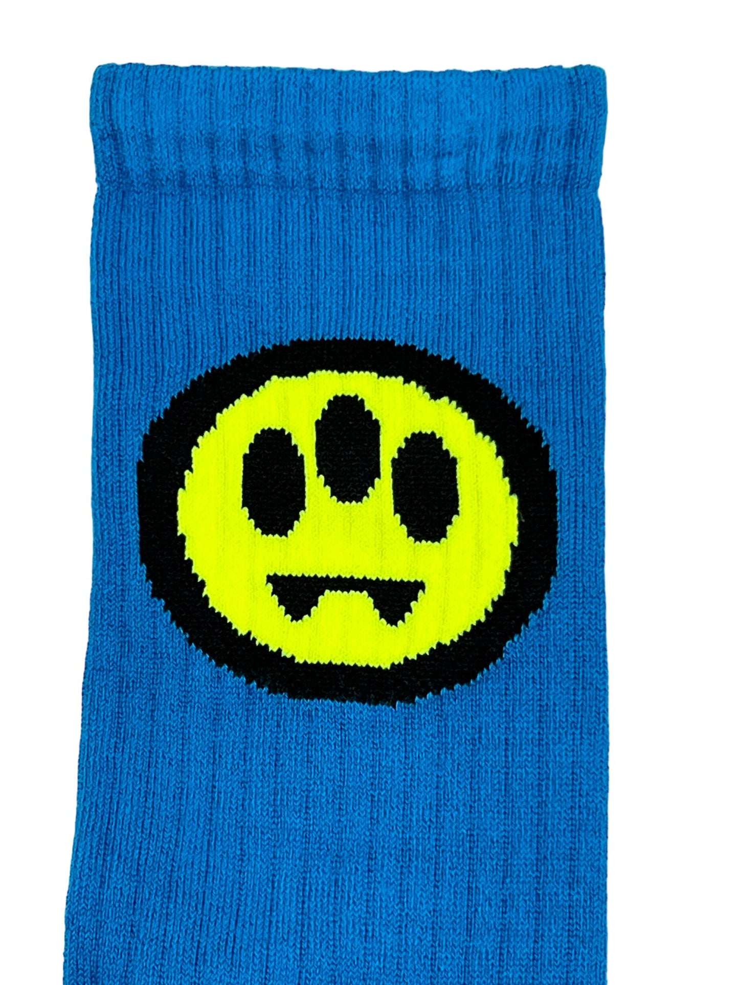 BARROW Blue sock featuring a green, black, and yellow smiley face design on the ankle area.