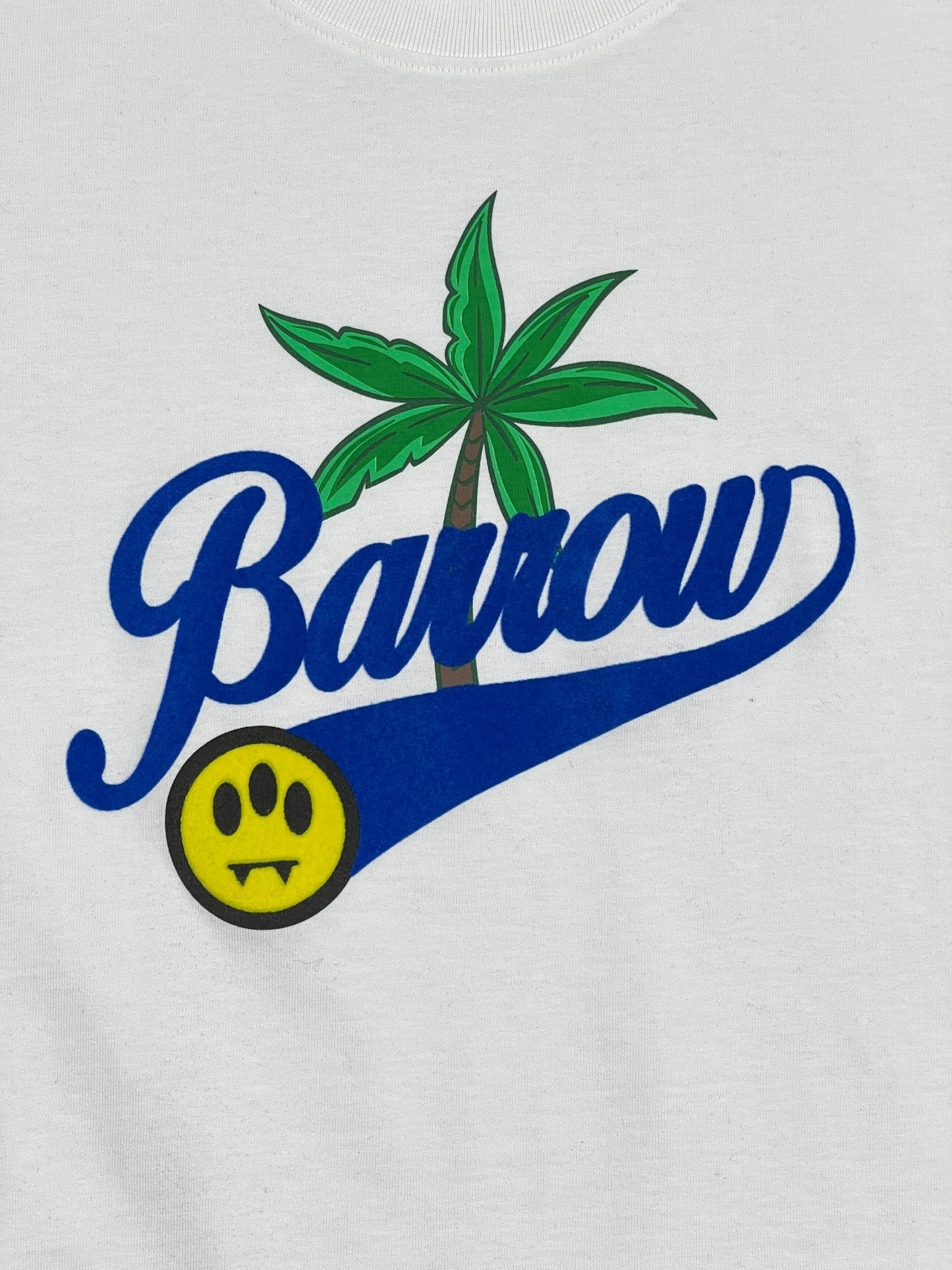 Logo with the word "BARROW" in blue script, featuring a palm tree and a yellow smiley face on a white background, made in Italy on the BARROW S4BWUATH036 JERSEY T-SHIRT UNISEX.