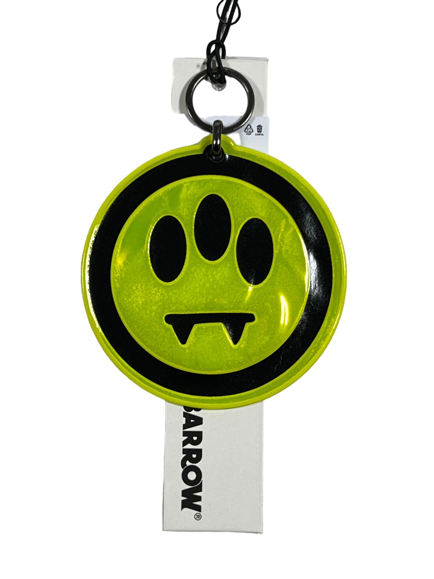 A neon yellow BARROW keychain with a black rim and a design featuring a paw print and a dripping effect, made in Italy.