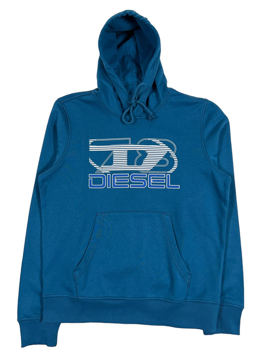 A blue cotton hoodie with the word DIESEL S-GINN-HOOD-K40 TEAL on it.