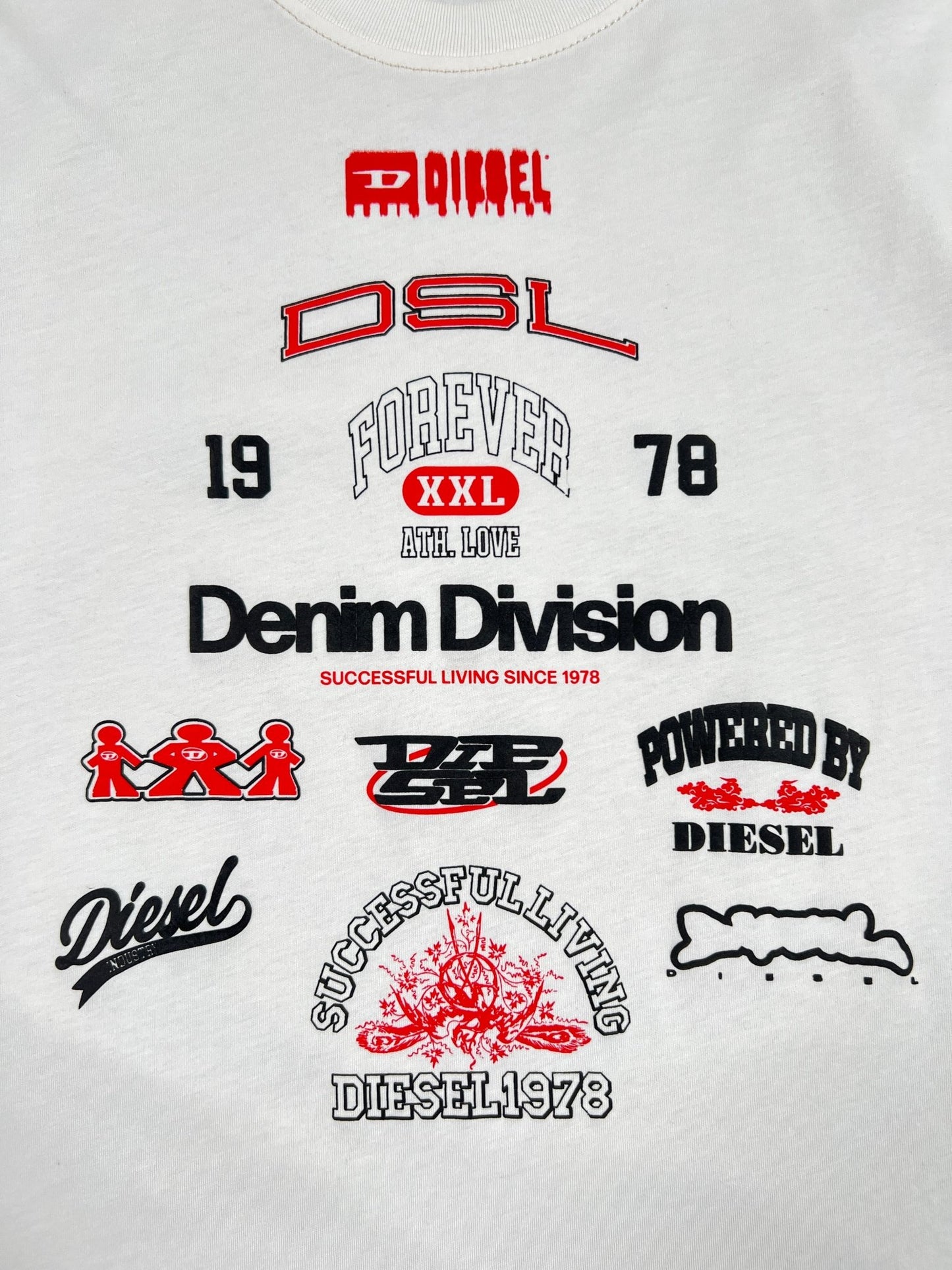 Assorted Diesel's iconic logos and slogans on the DIESEL T-JUST-N14 T-SHIRT WHITE made from organic cotton jersey, displayed on a white t-shirt.