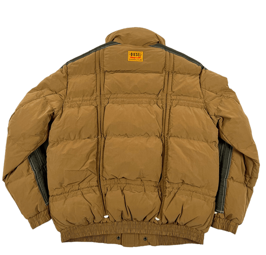 The back of a water-repellent, brown DIESEL W-ERIC JACKET SPONGE puffer jacket.