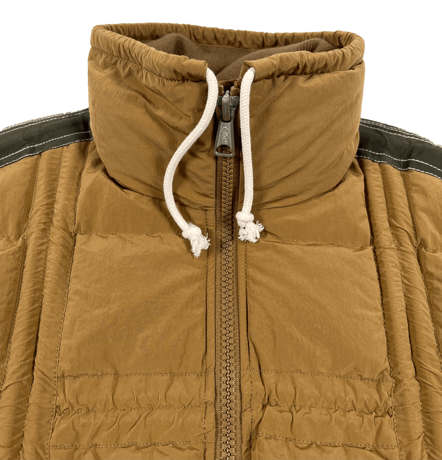 A tan, water-repellent DIESEL W-ERIC JACKET SPONGE with a zipper on the side.