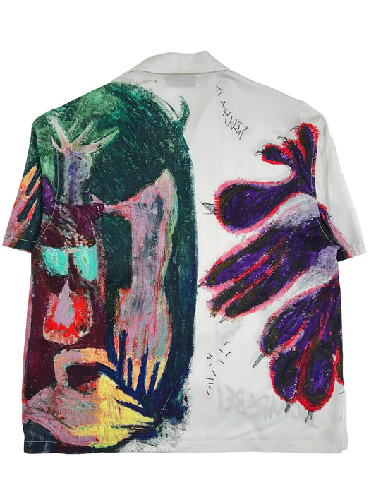 A DOMREBEL CREATURE CAMP COLLAR SHIRT IVORY with a colorful all-over print on it.