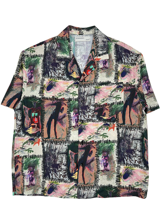 A DOM REBEL GATHERING CAMP COLLAR SHIRT BRW with an all-over print on it.