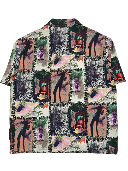 A DOMREBEL GATHERING CAMP COLLAR SHIRT BRW featuring an all-over print with various images on it.