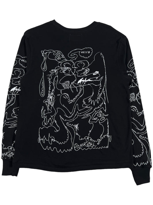 A DOMREBEL HIC long sleeve t-shirt in black with a drawing on it, made by DOM REBEL in Canada.