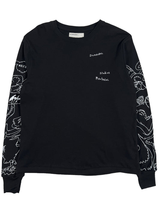A DOM REBEL HIC long sleeve t-shirt, made in Canada, with white drawings on it.