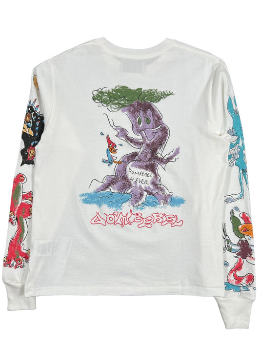 A white DOM REBEL SYDNEY long sleeve t-shirt with an image of a tree, Made In Canada.