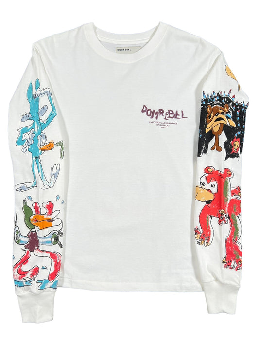 A white DOMREBEL SYDNEY long sleeve graphic t-shirt with cartoon characters on it, made in Canada by DOM REBEL.