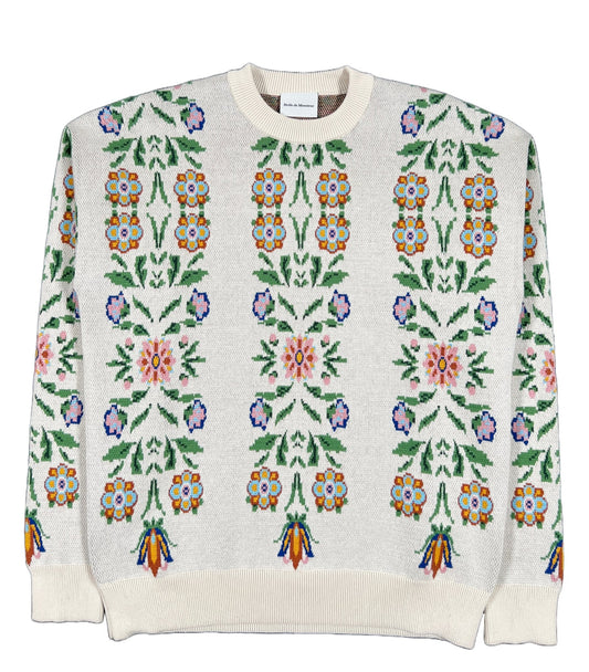 A cream DRÔLE DE MONSIEUR sweatshirt with Jacquard Floral embroidered flowers on it.