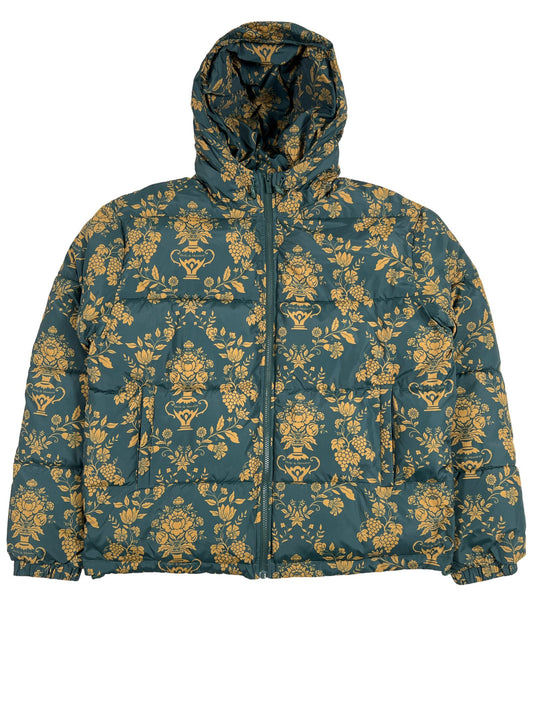 A DROLE DE MONSIEUR COAT C-CT120-PL017-KK LA DOUDOUNE DAMAS KAKI and gold floral hooded men's jacket.
