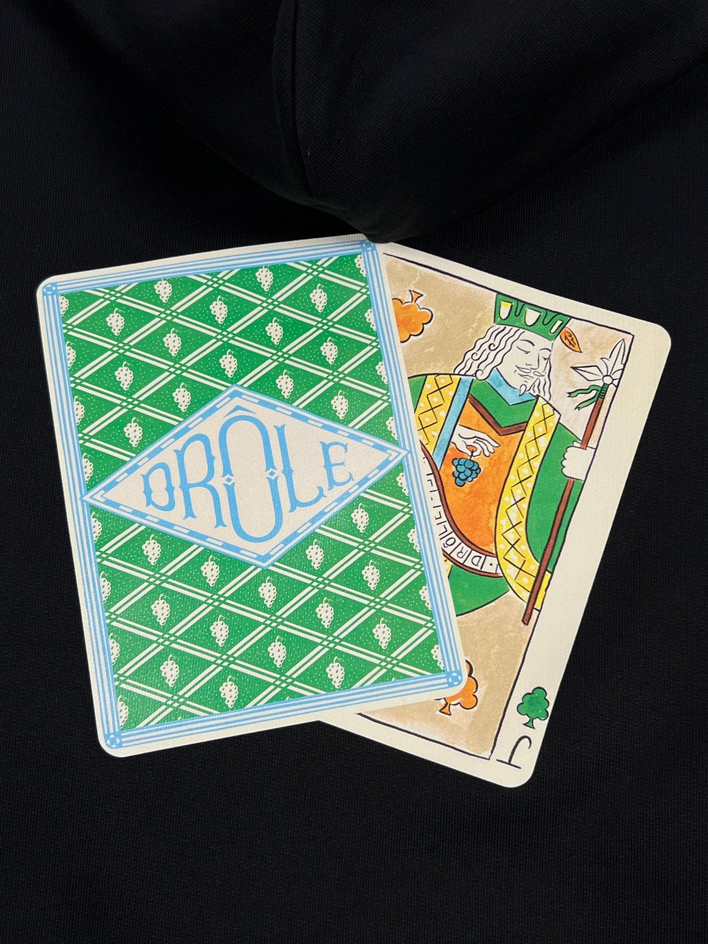 A pair of playing cards on a black, 100% Cotton DROLE DE MONSIEUR D-HO156-CO127 LE HOODIE JEU DE CARTES BLK.