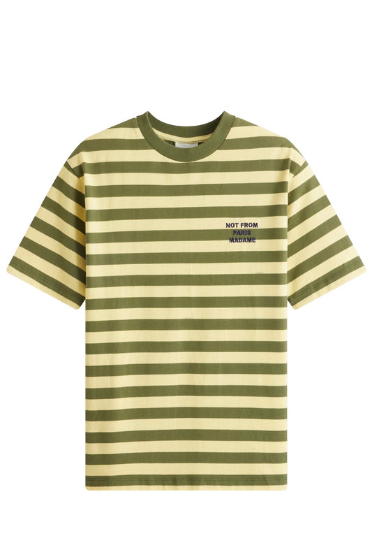 A green and white striped 100% cotton DROLE DE MONSIEUR D-TS178-CO058 LE T-SHIRT SLOGAN RAYE YELL with a ribbed neckline.