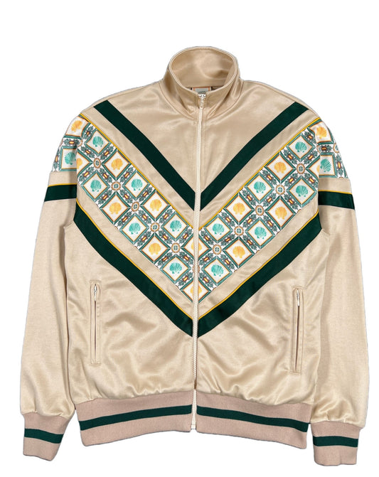 A DROLE DE MONSIEUR JT129-PL009-BG track jacket with a geometric pattern in beige and green polyester.