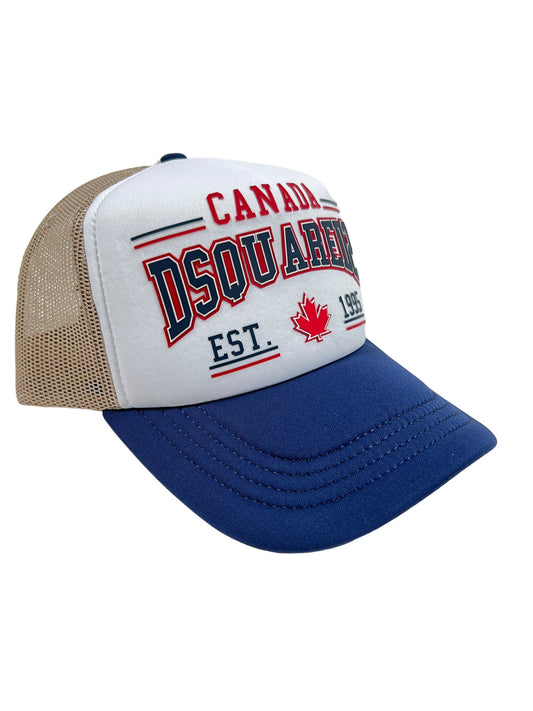 DSquared2 DSQUARED2 BCM0762 BASEBALL CAP POLIESTERE RETE-BEIGE-NAVY trucker hat with the brand's iconic maple logo.