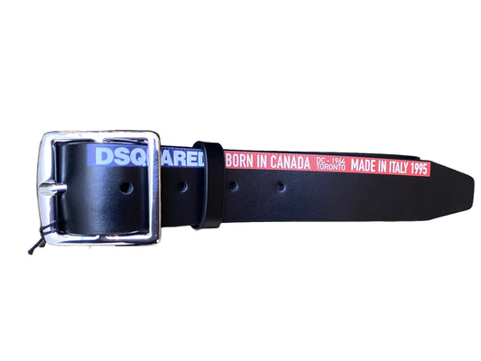 A DSQUARED2 black leather belt with the word dsquared on it, Made In Italy.