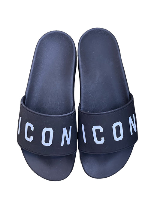A pair of black DSQUARED2 FFM0023 slide sandals with the word icon on them, made in Italy.