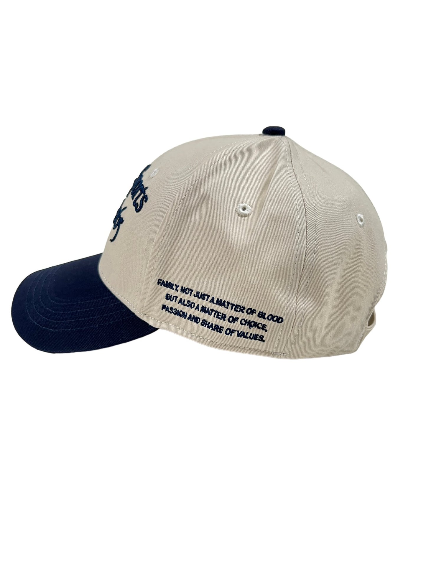 An embroidered FAMILY FIRST hat with a quote about FAMILY on it.