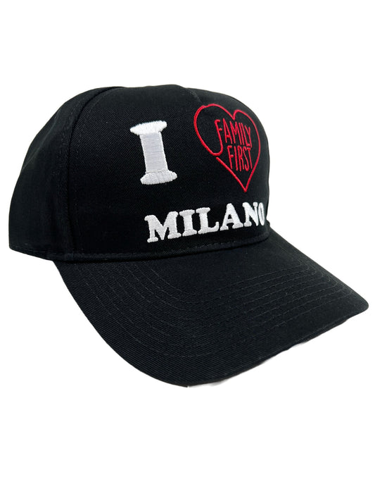 An embroidered black hat with the word "I love Milan" on it, showcasing FAMILY FIRST pride.