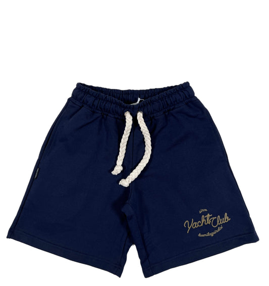 A boy's FAMILY FIRST JOSS2316 SHORT JOGGER YACHT CLUB NAVY shorts with a gold logo, Made In Italy.