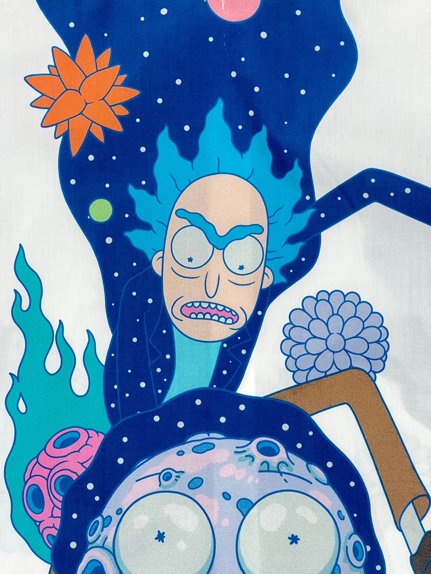 A drawing of Rick and Morty wearing FAMILY FIRST SHS2306 shirts on a blue background.